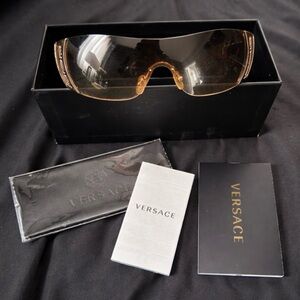 Versace Shield Sunglasses Gold Trim Oversized w/ Case & Authenticity Cards